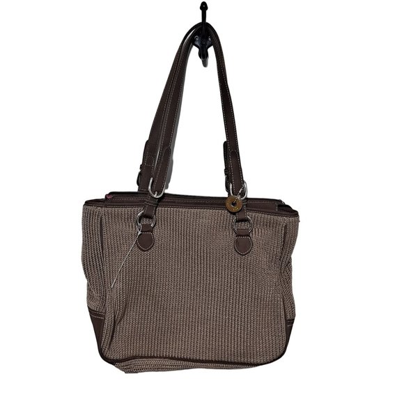 The Sak Shoulder Purse Bag Knit Crochet Woven Zip Closure Brown Beige Neutral - Picture 1 of 15